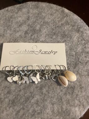 Fashion Jewelry Silver-Tone Shell & Charm Hoop Earring Set - White & Cream.